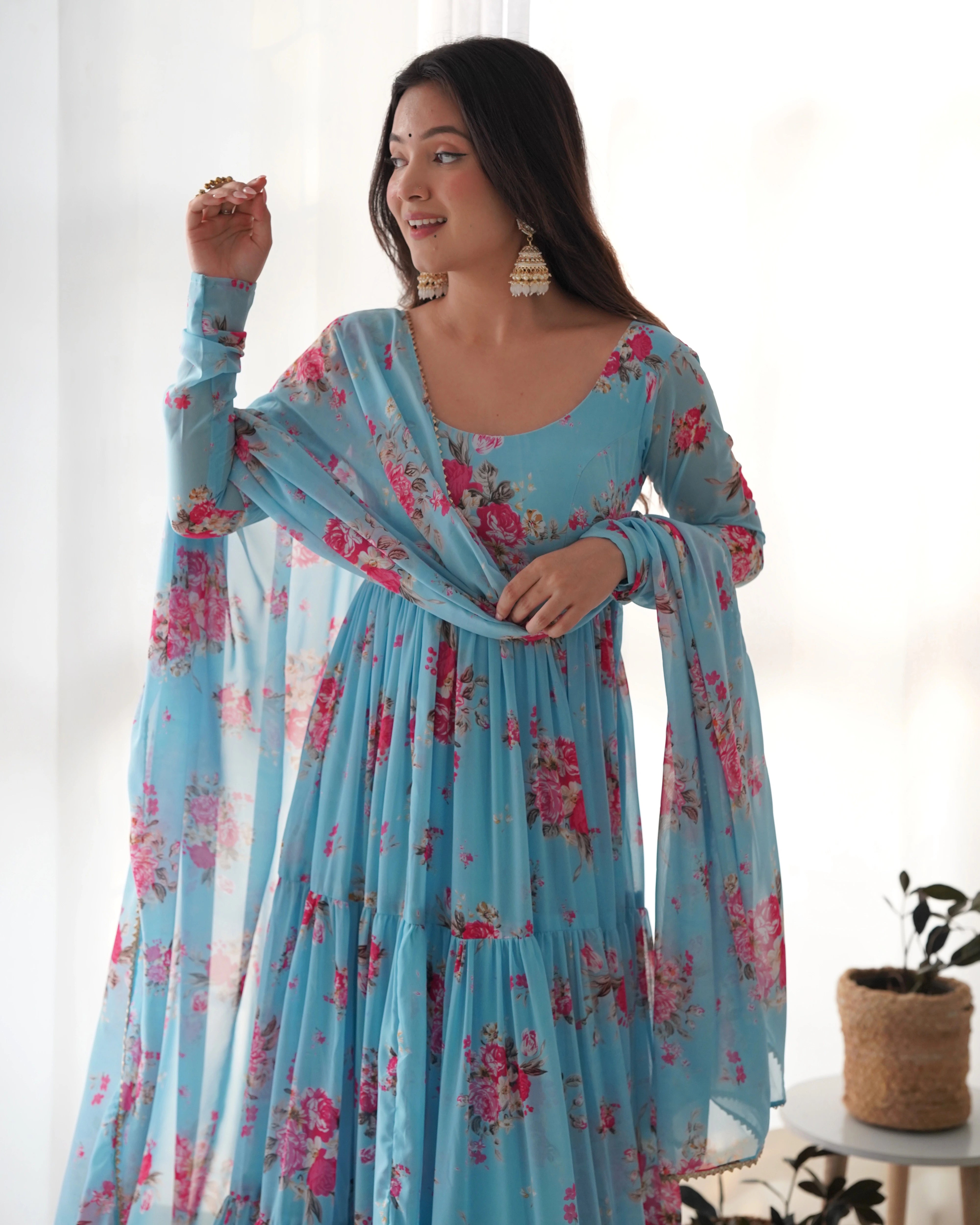 Sky Blue Floral Printed Fox Georgette Suit