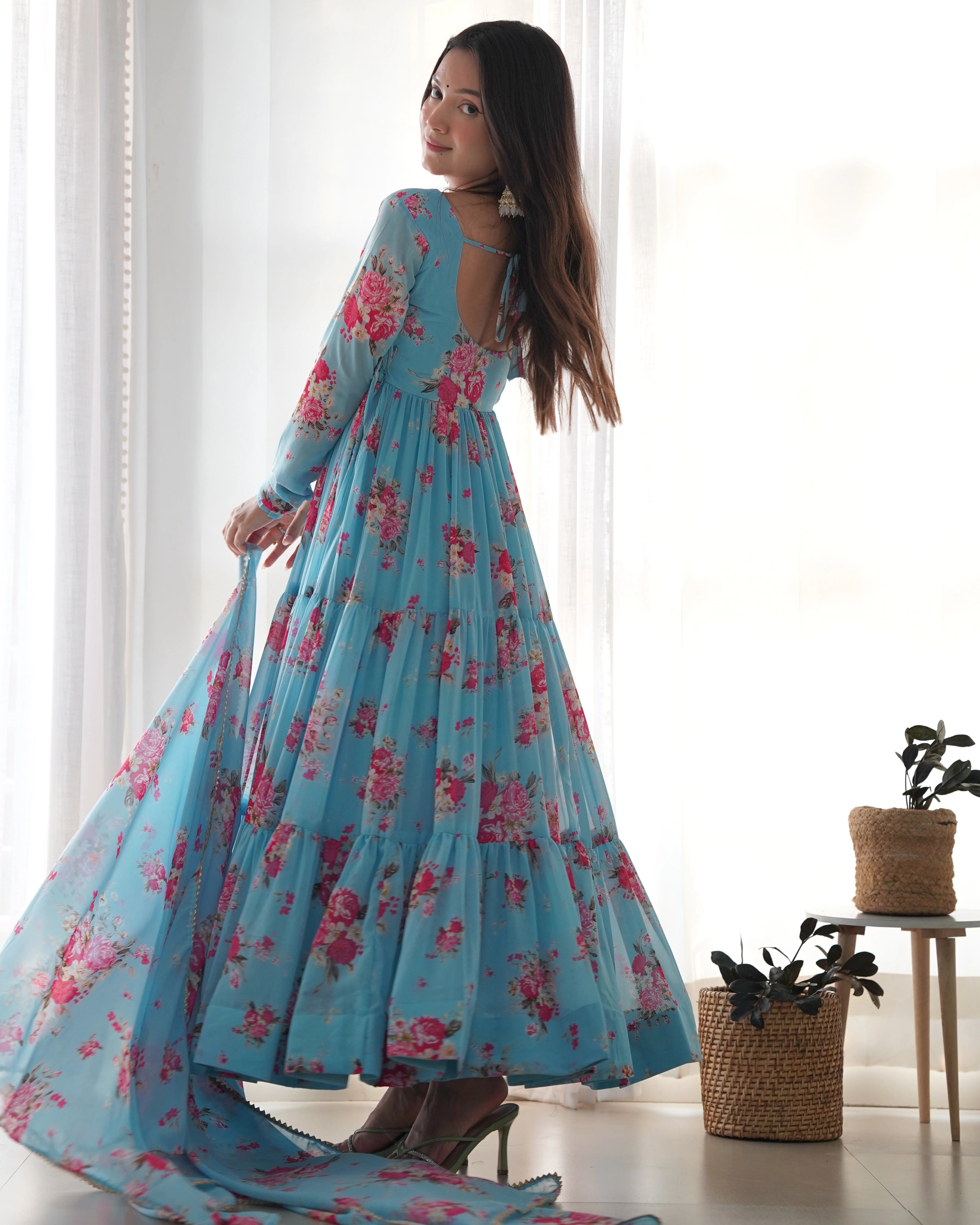 Sky Blue Floral Printed Fox Georgette Suit