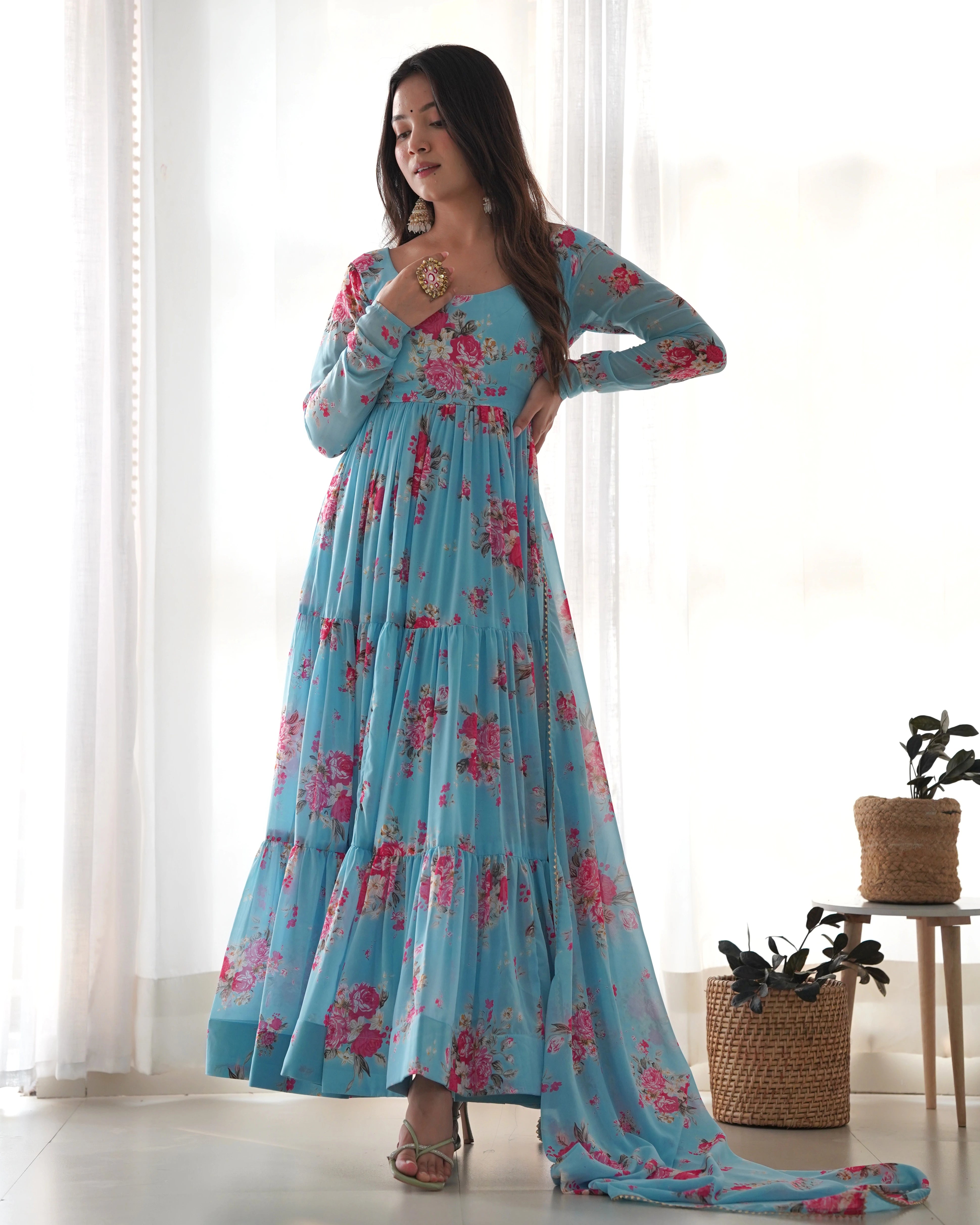 Sky Blue Floral Printed Fox Georgette Suit