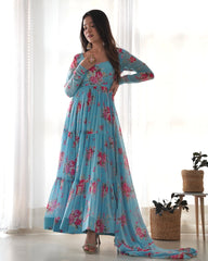 Sky Blue Floral Printed Fox Georgette Suit
