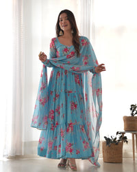 Sky Blue Floral Printed Fox Georgette Suit