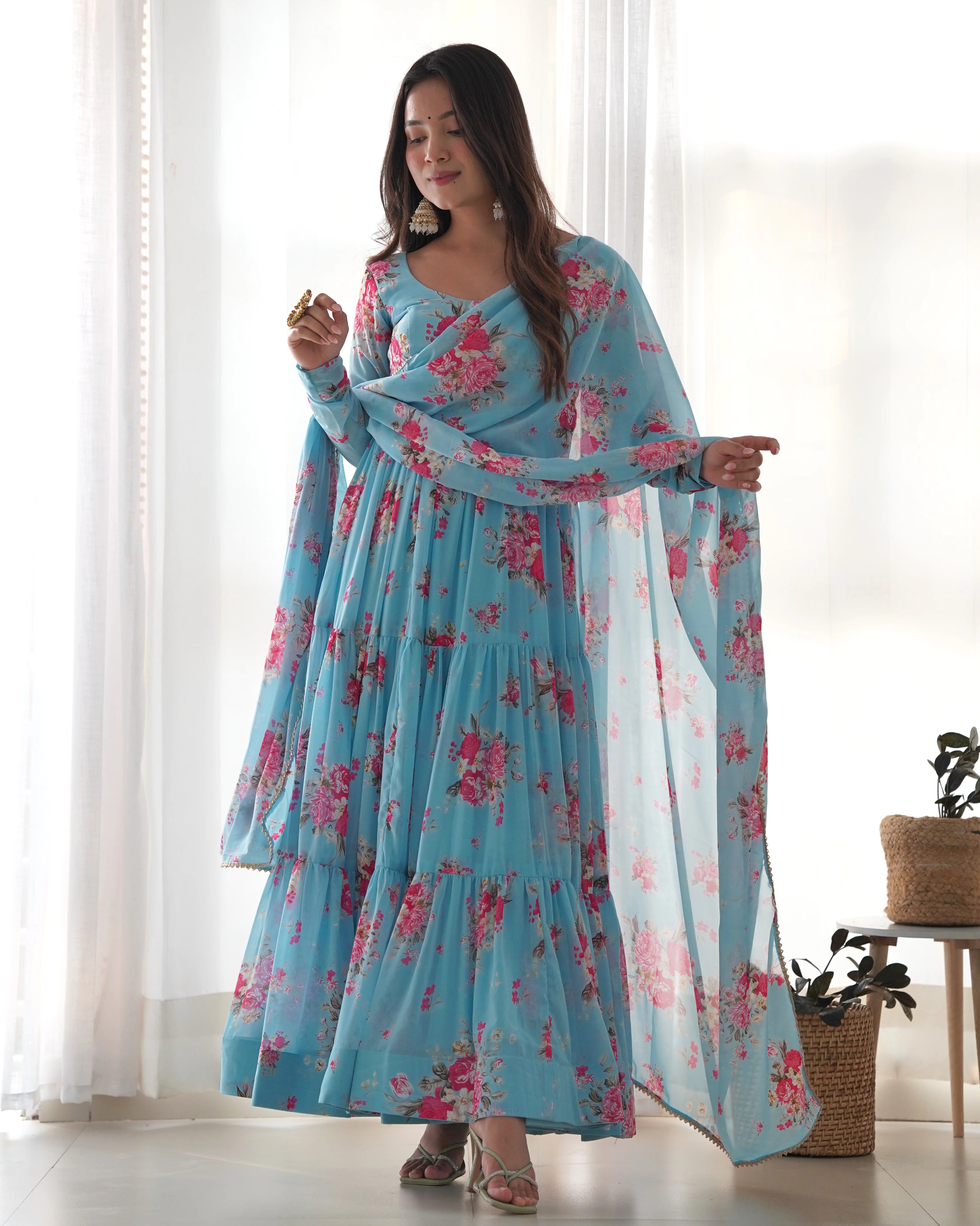 Sky Blue Floral Printed Fox Georgette Suit