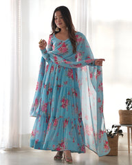 Sky Blue Floral Printed Fox Georgette Suit