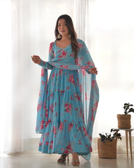 Sky Blue Floral Printed Fox Georgette Suit