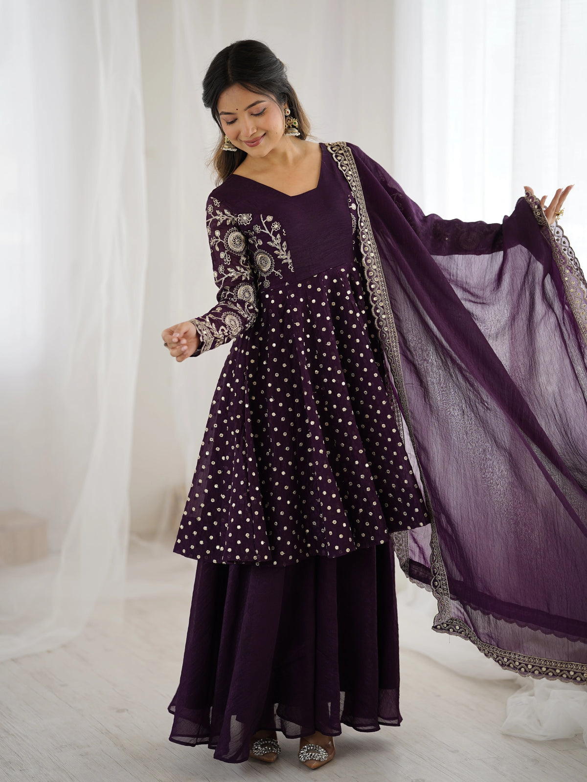 Wine Embroidery Sequin Work Crunchy Silk Suit – Kalyanja