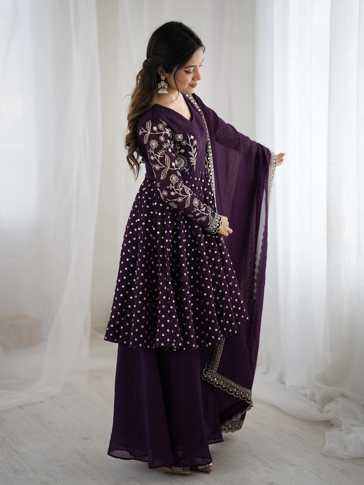 Wine Embroidery Sequin Work Crunchy Silk Suit – Kalyanja