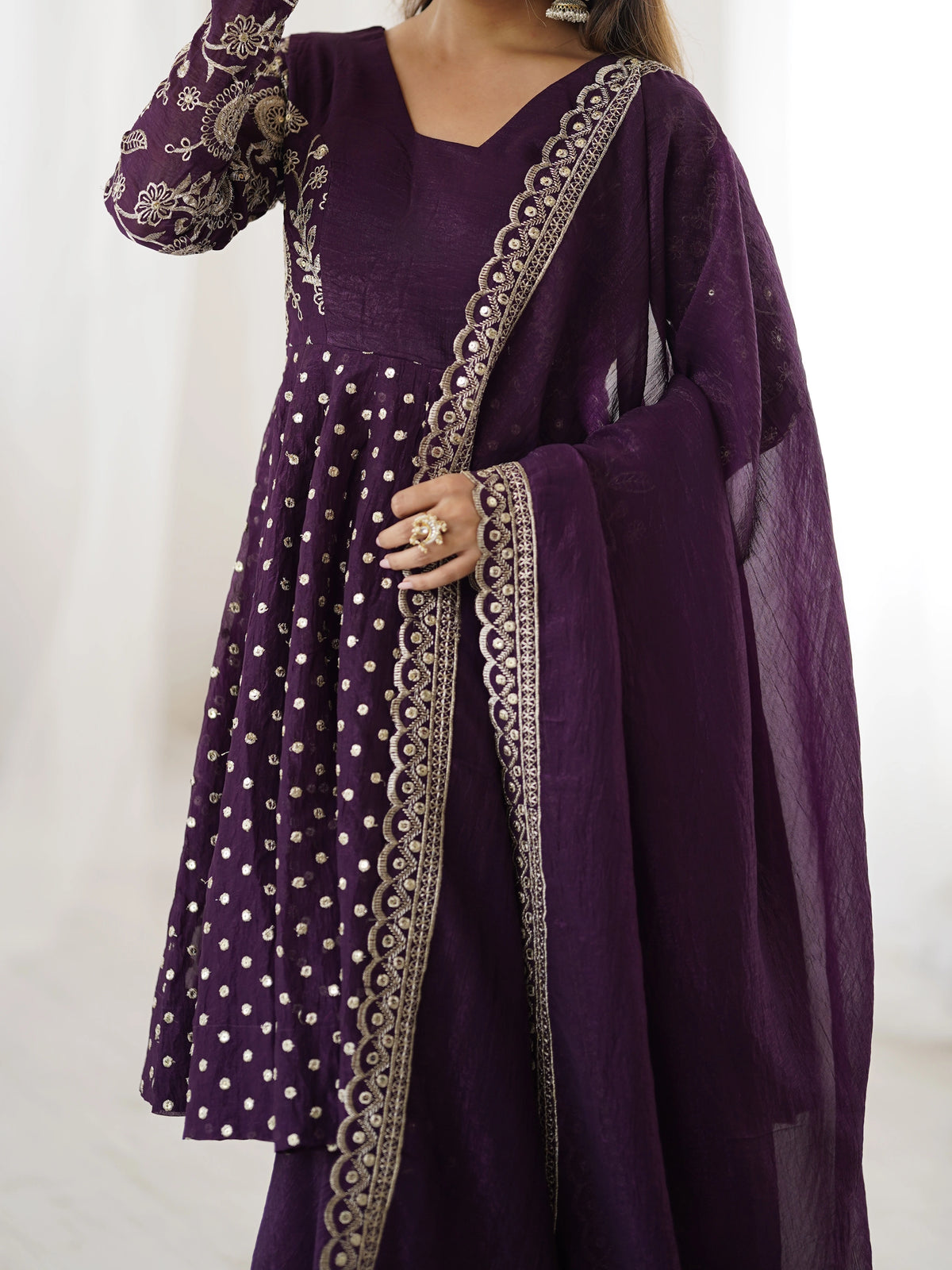 Wine Embroidery Sequin Work Crunchy Silk Suit – Kalyanja
