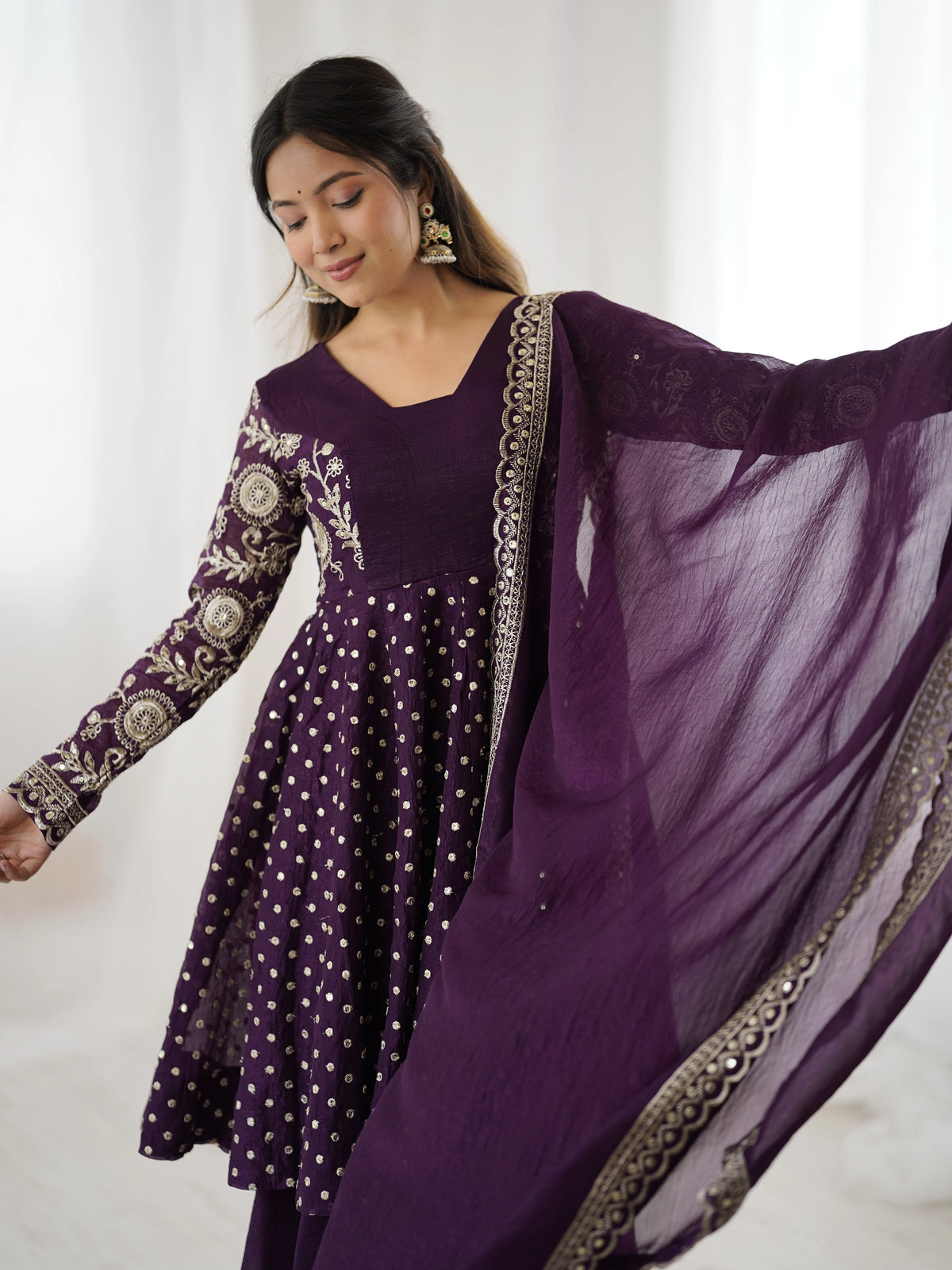 Wine Embroidery Sequin Work Crunchy Silk Suit – Kalyanja
