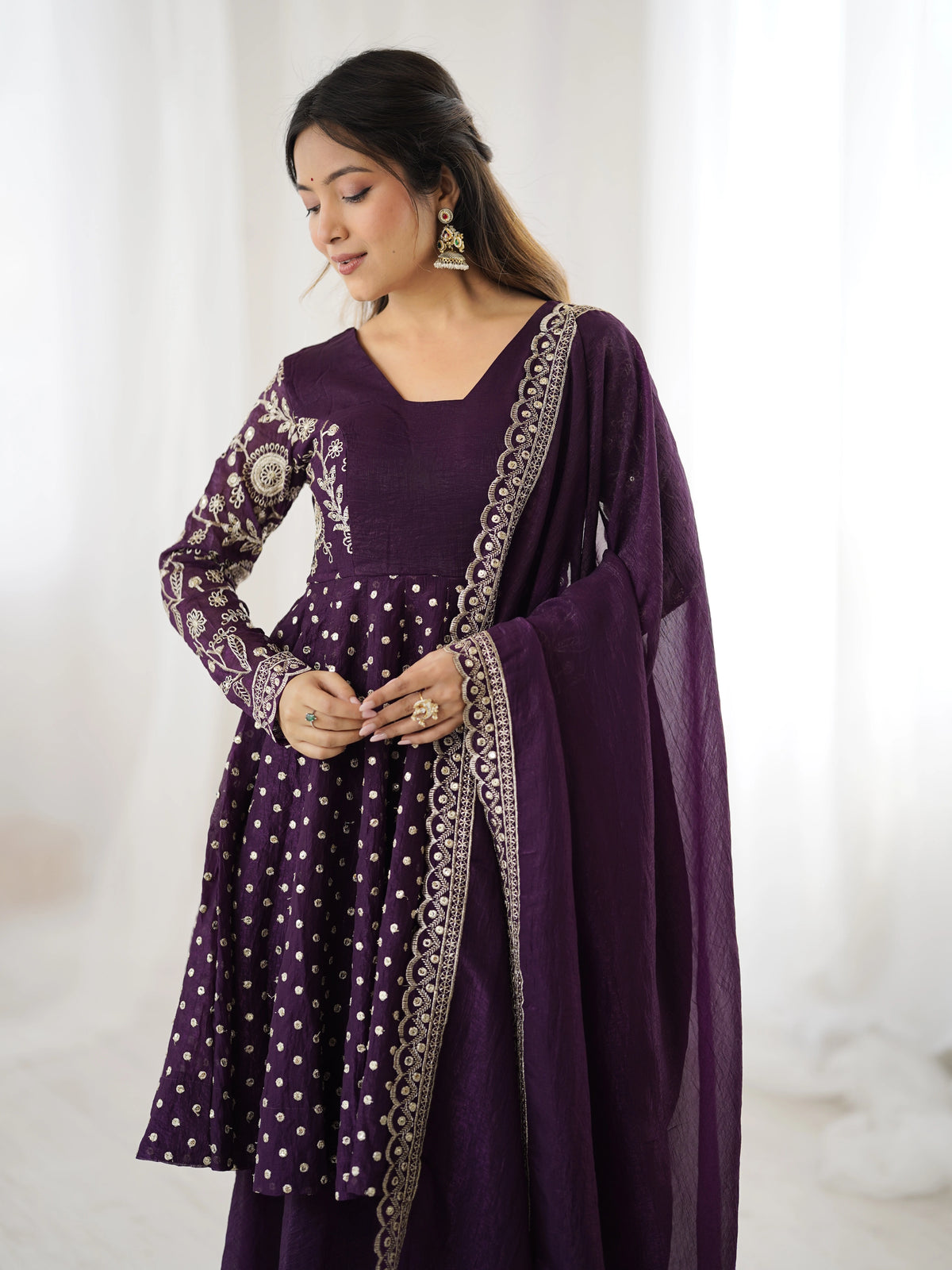 Wine Embroidery Sequin Work Crunchy Silk Suit – Kalyanja
