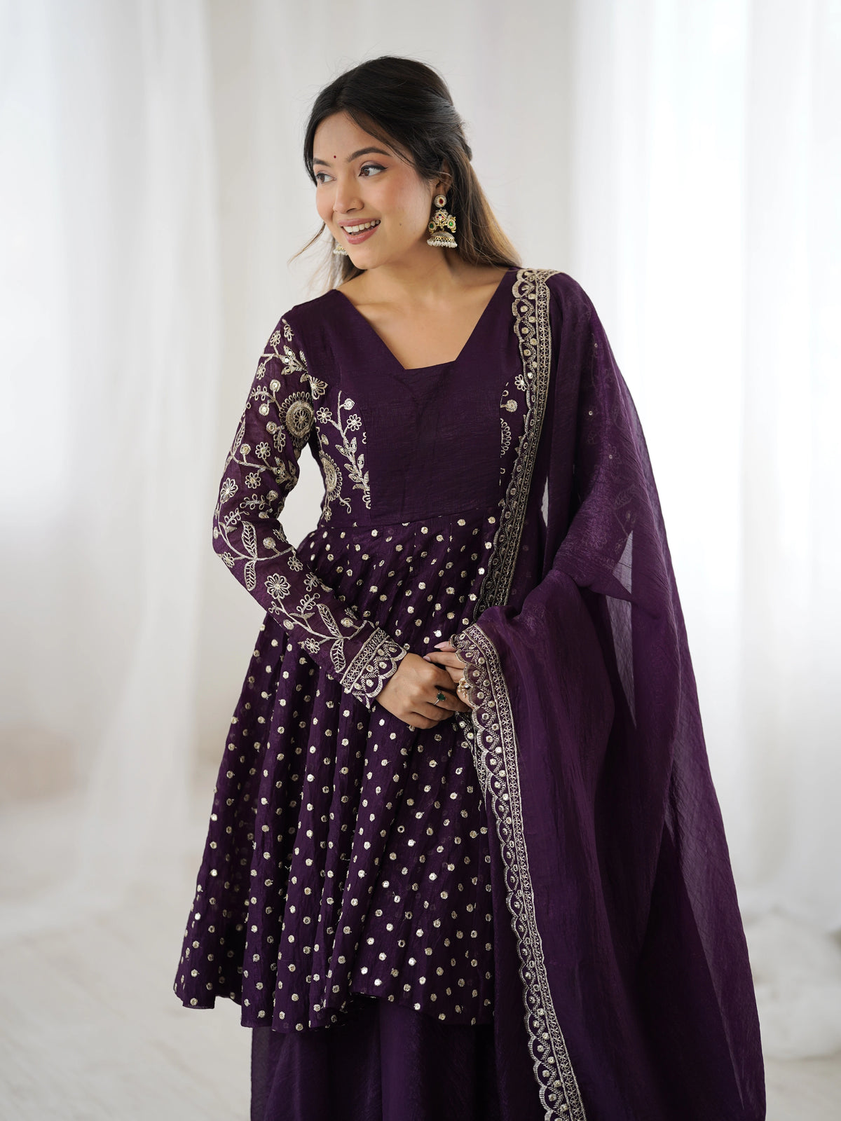 Wine Embroidery Sequin Work Crunchy Silk Suit – Kalyanja
