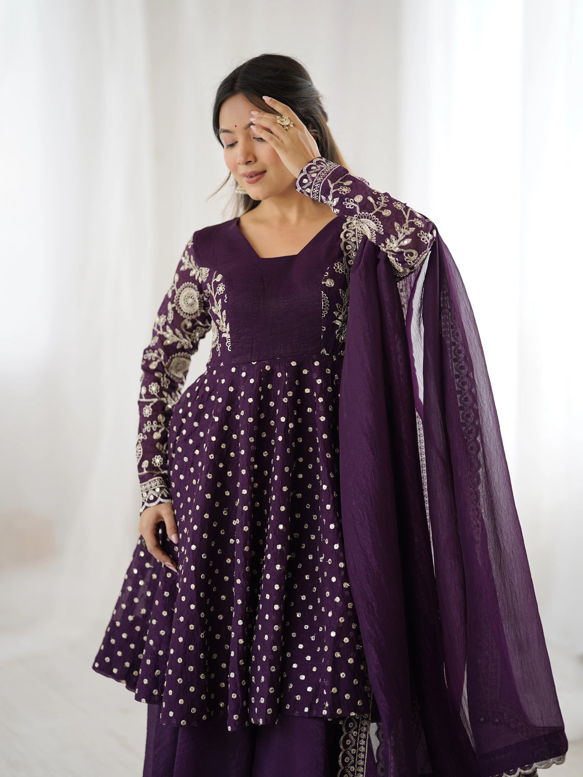 Wine Embroidery Sequin Work Crunchy Silk Suit – Kalyanja

