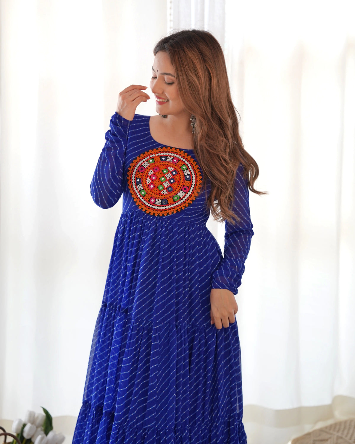 Blue Gamthi With Laheriya Print Fox Georgette Gown – Kalyanja

