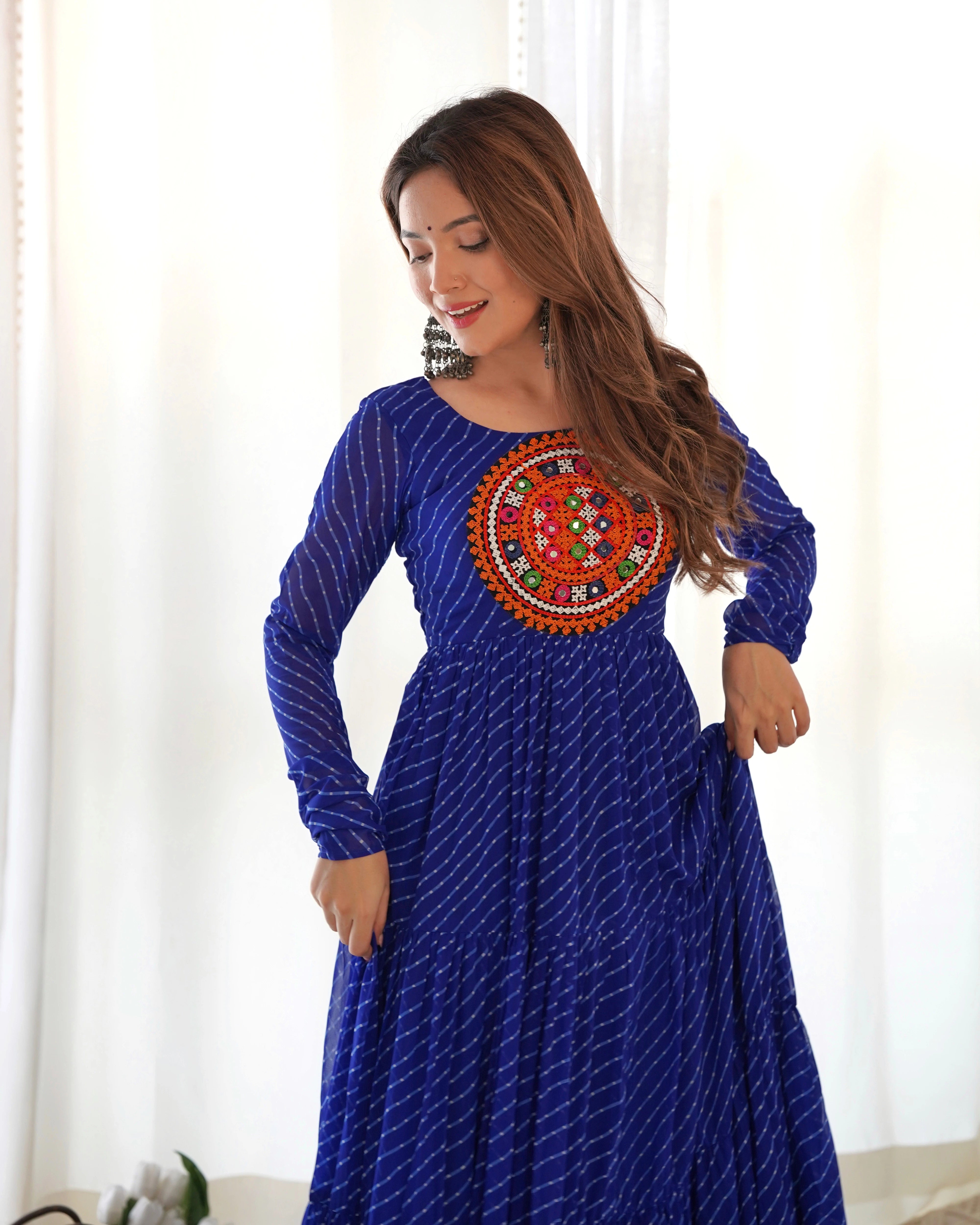 Blue Gamthi With Laheriya Print Fox Georgette Gown
