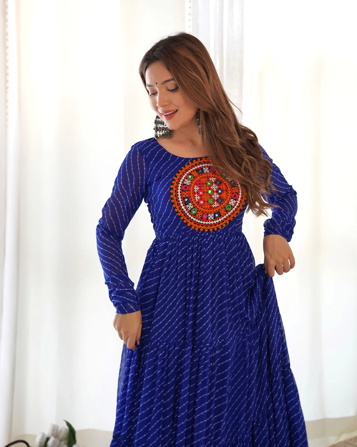 Blue Gamthi With Laheriya Print Fox Georgette Gown – Kalyanja
