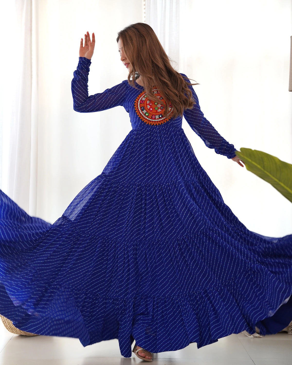 Blue Gamthi With Laheriya Print Fox Georgette Gown – Kalyanja
