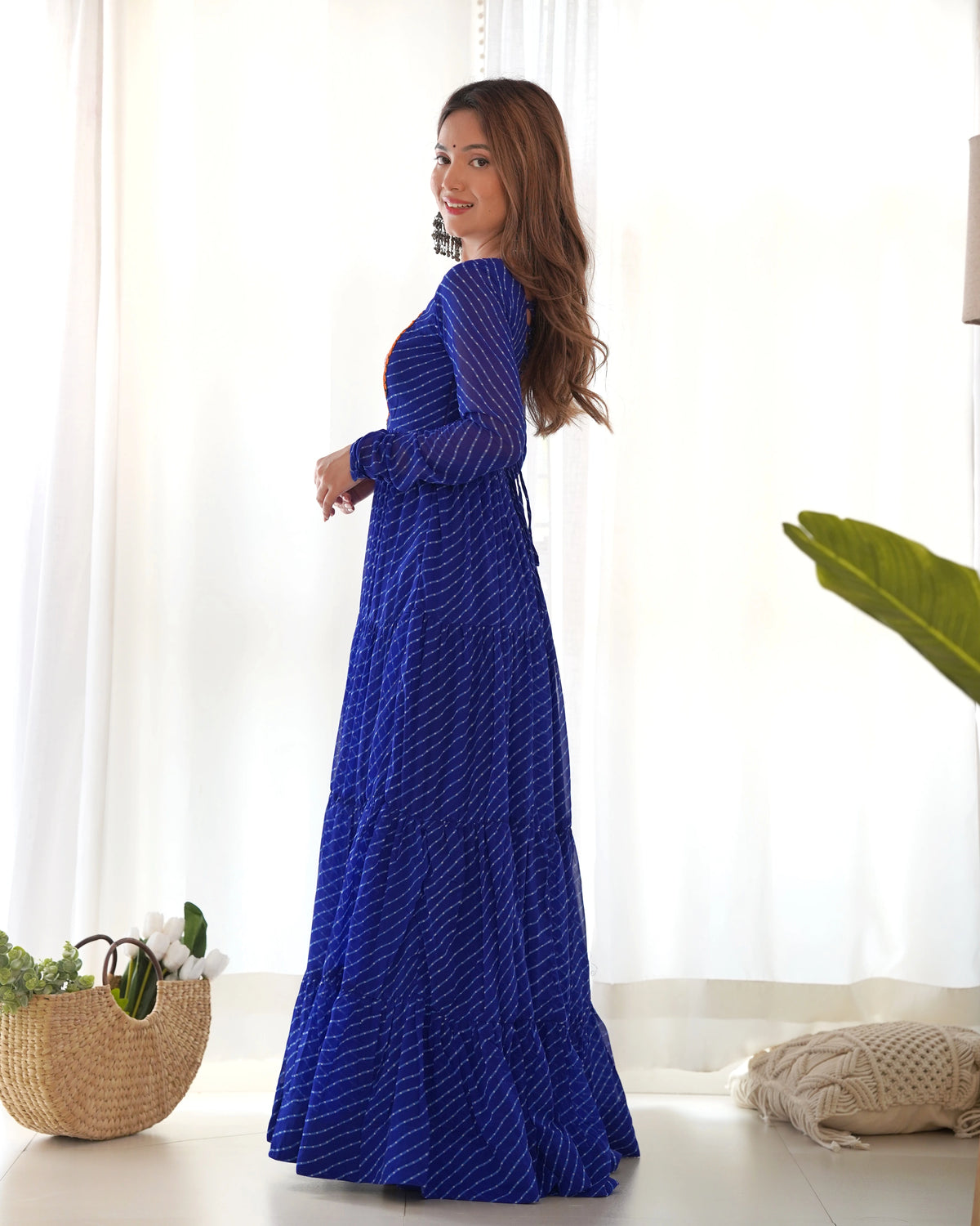 Blue Gamthi With Laheriya Print Fox Georgette Gown – Kalyanja
