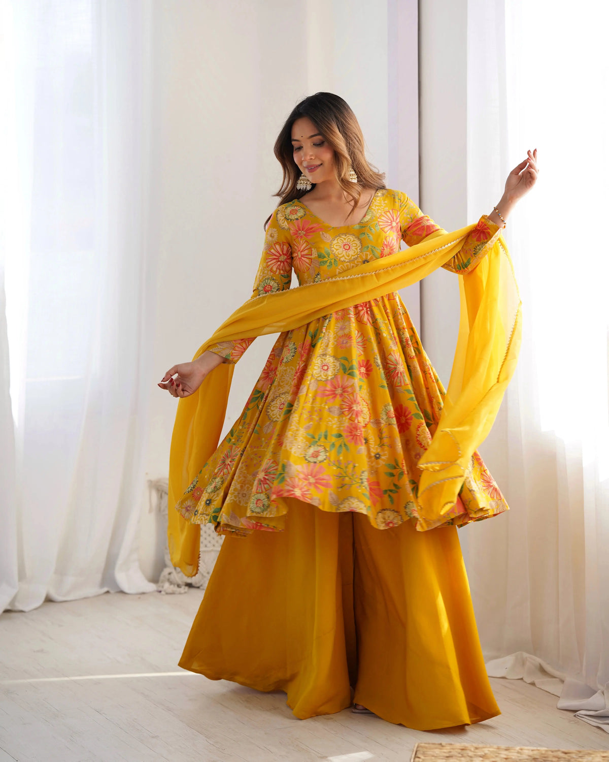 Yellow Discharge Print Suit – Palazzo Set, Haldi Wear