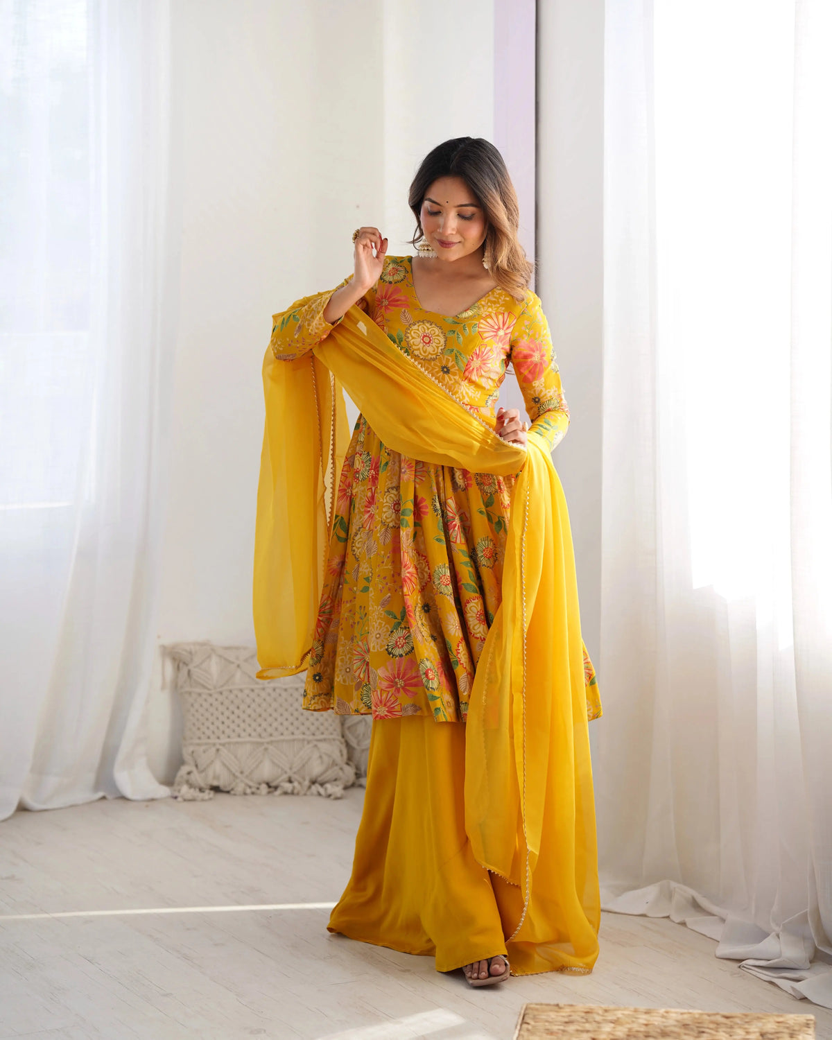 Yellow Discharge Print Suit – Palazzo Set, Haldi Wear