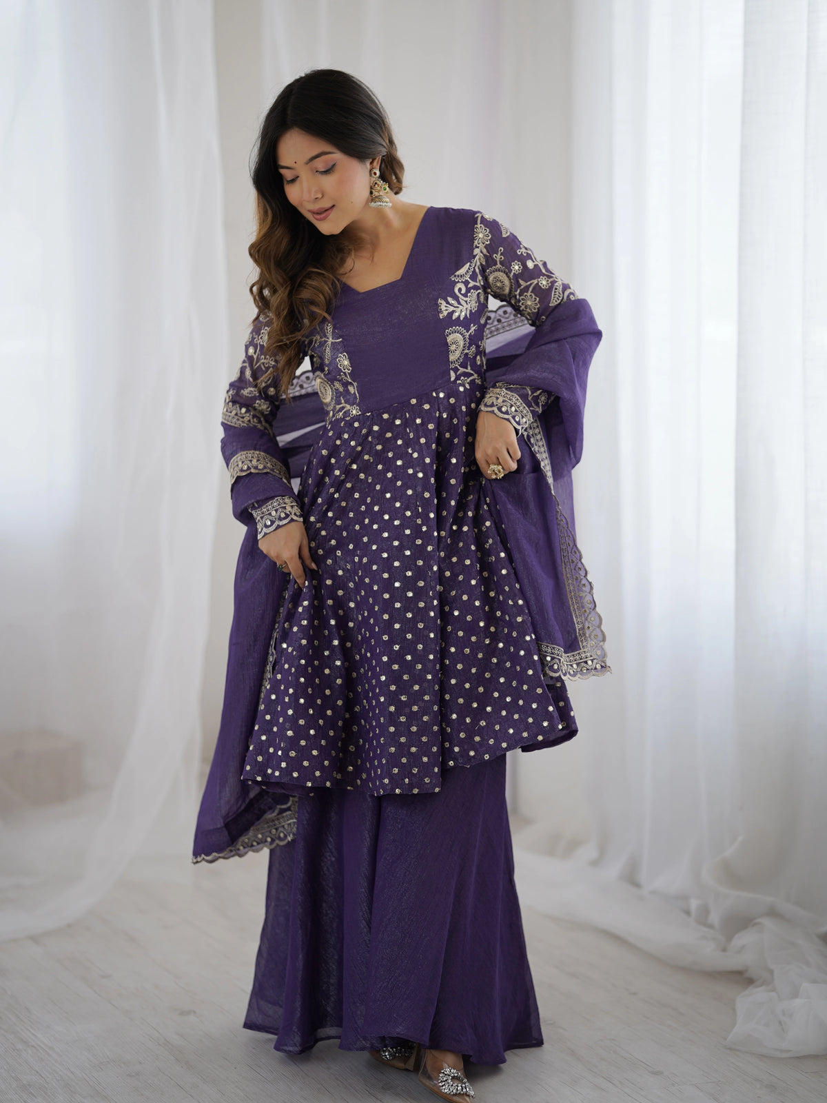 Lavender Embroidery Sequin Work Crunchy Silk Suit