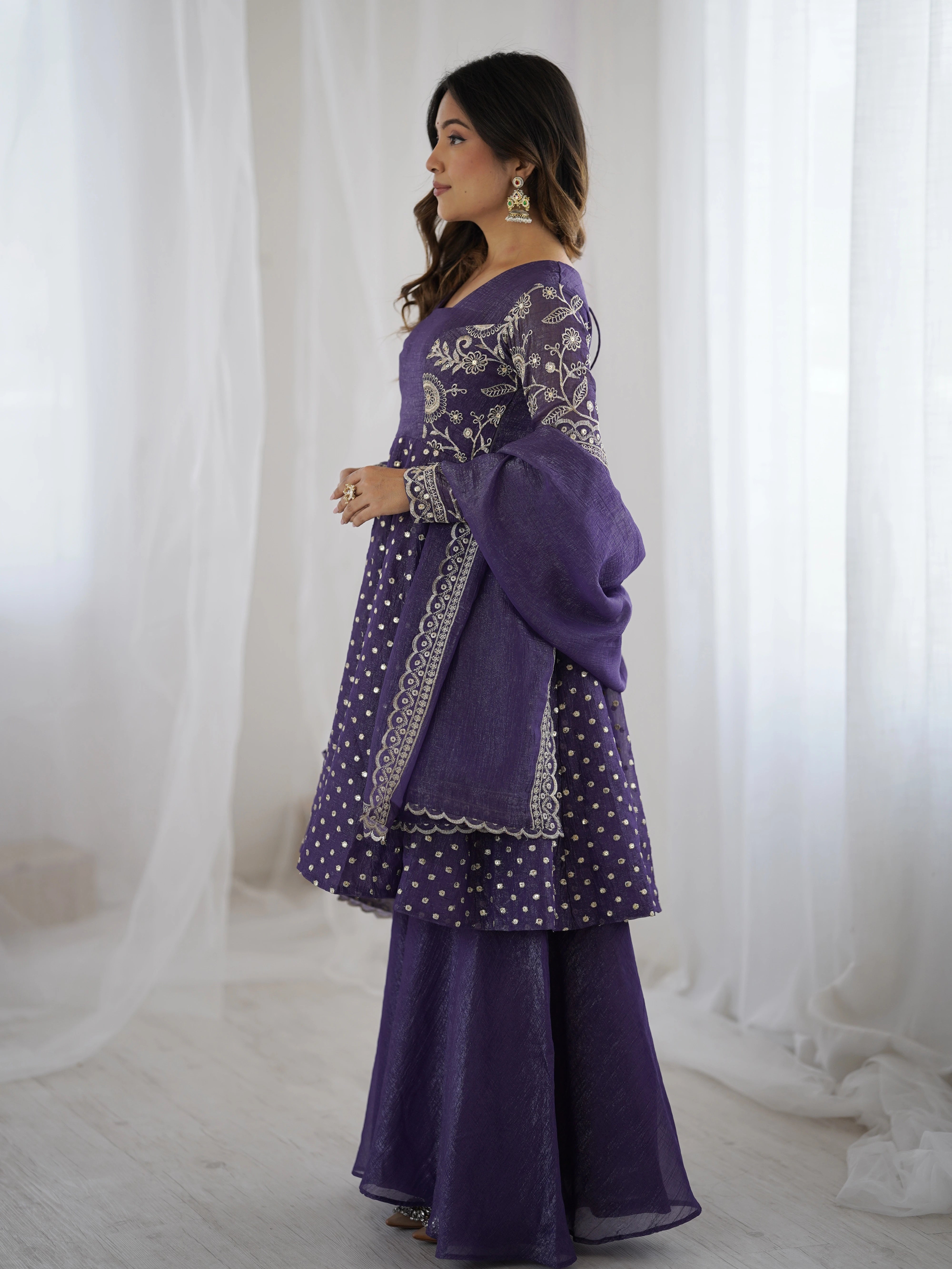 Lavender Embroidery Sequin Work Crunchy Silk Suit