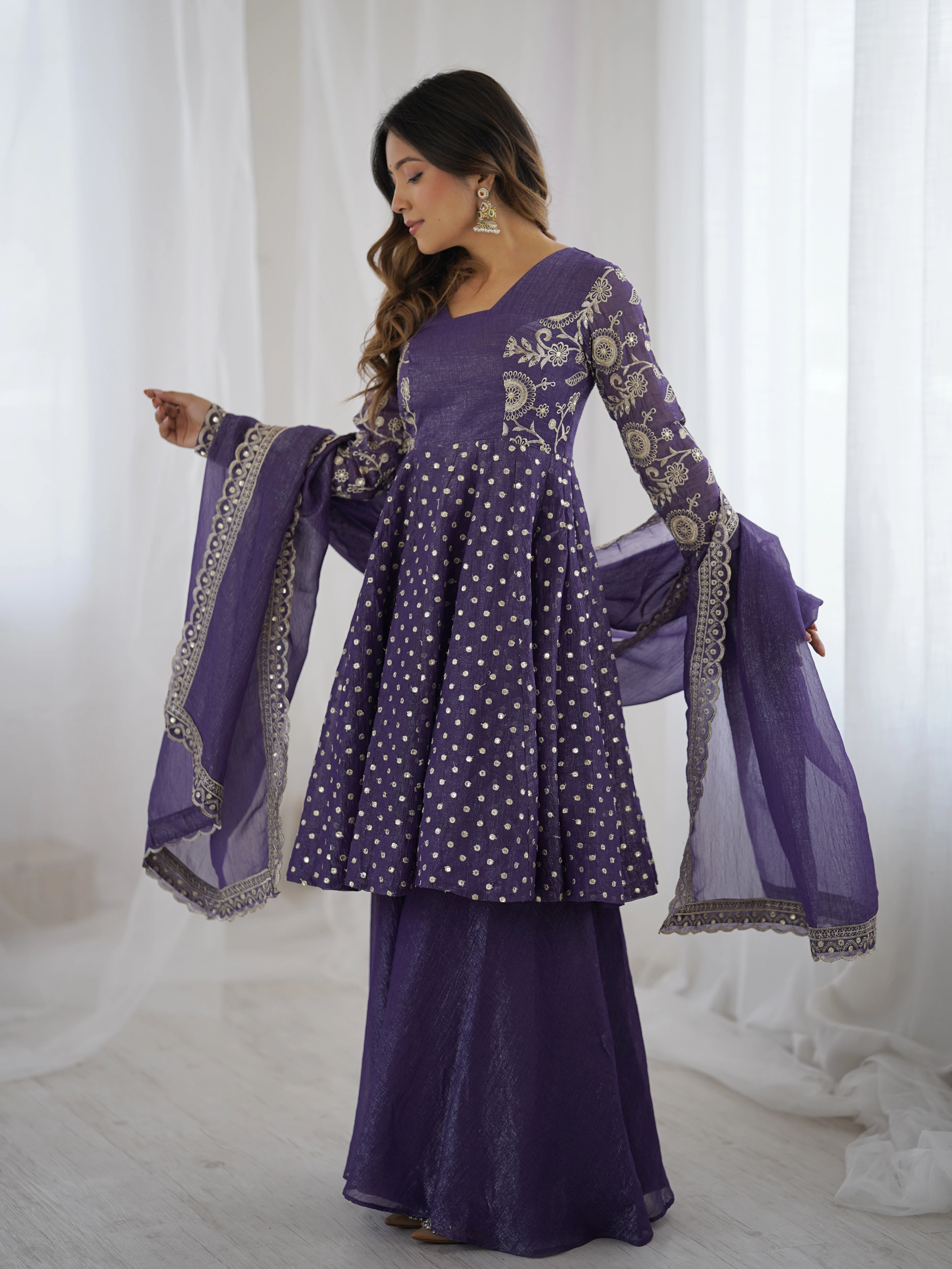 Lavender Embroidery Sequin Work Crunchy Silk Suit
