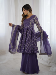 Lavender Embroidery Sequin Work Crunchy Silk Suit