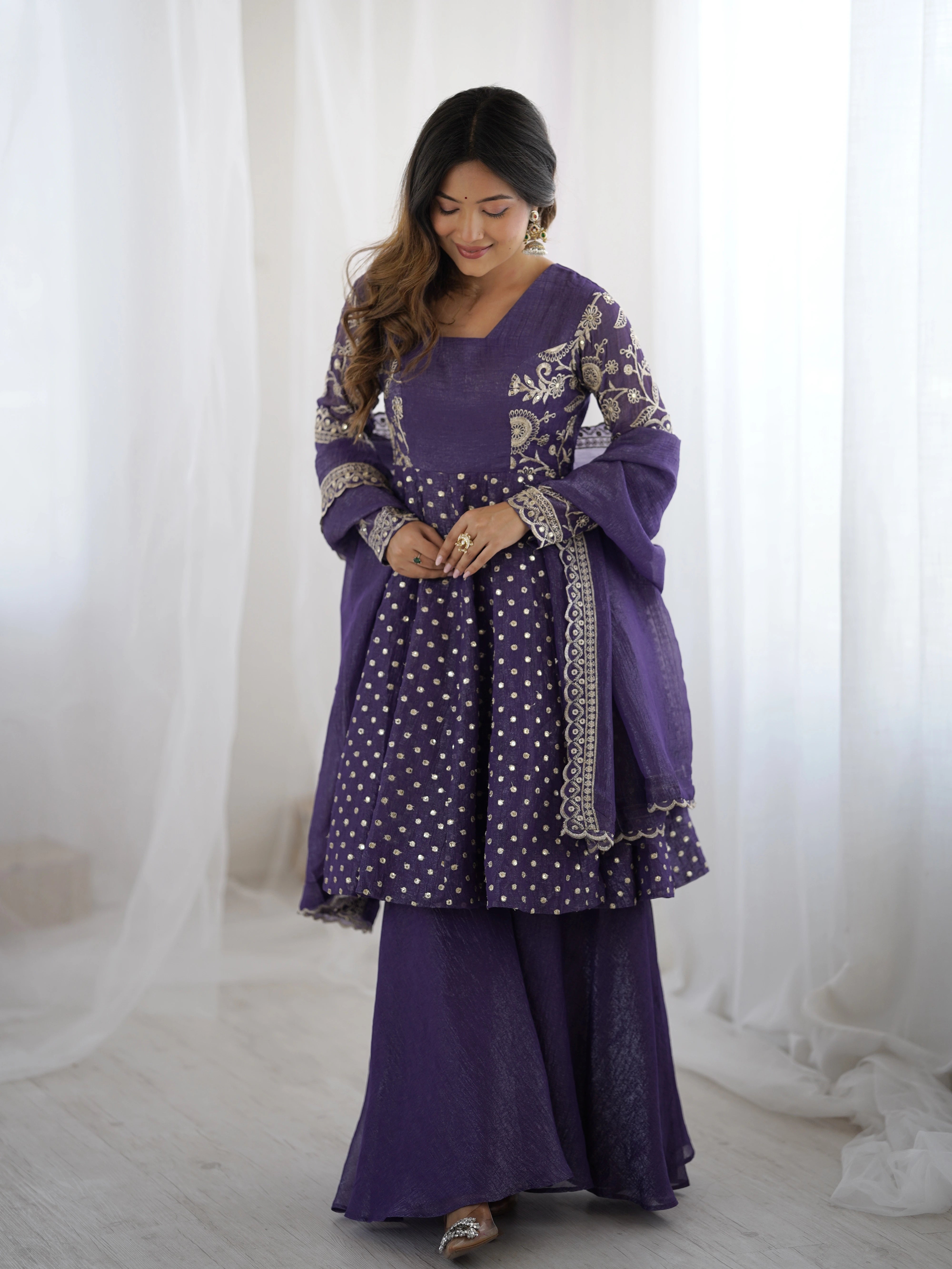 Lavender Embroidery Sequin Work Crunchy Silk Suit