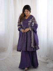 Lavender Embroidery Sequin Work Crunchy Silk Suit
