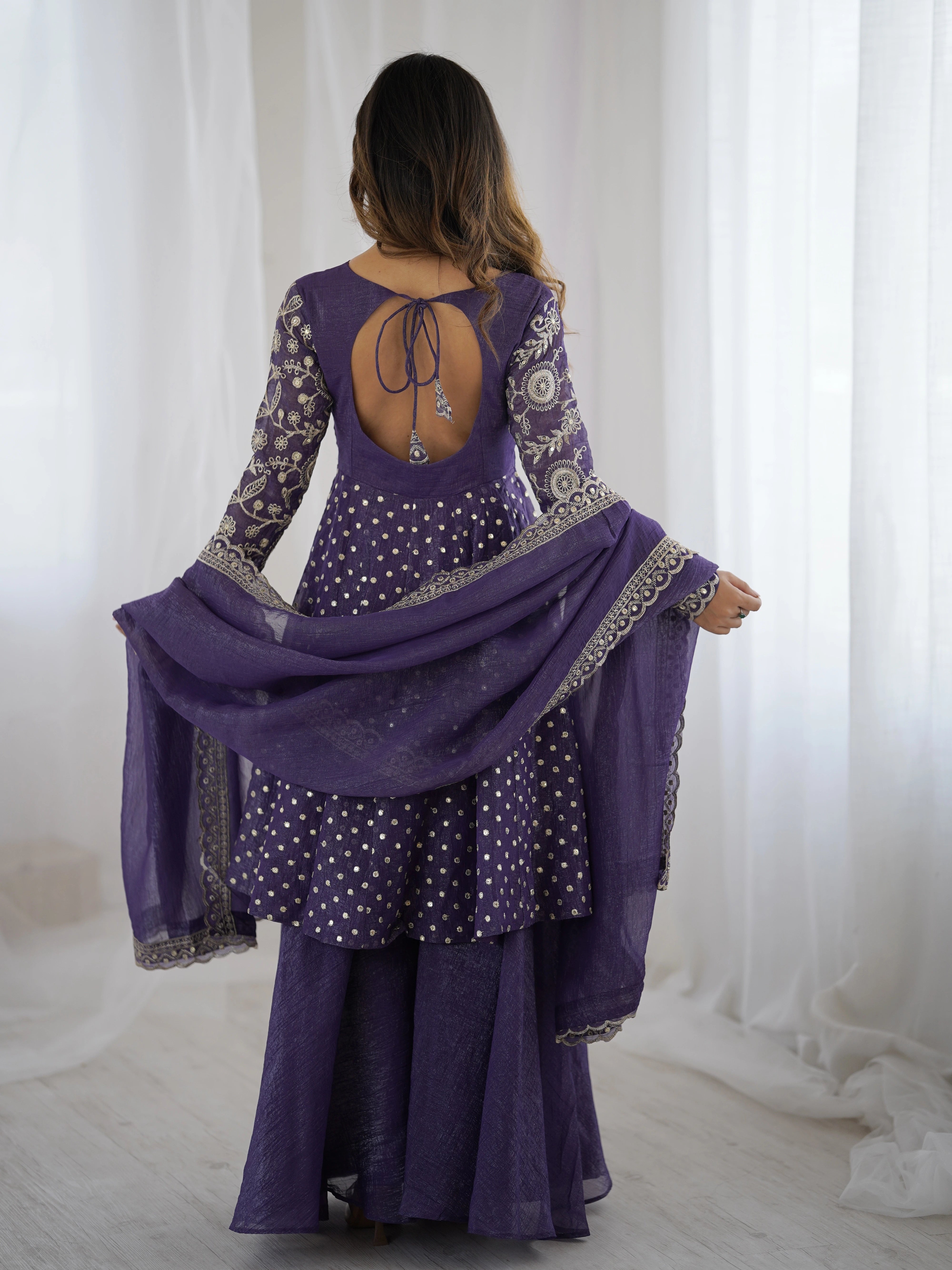 Lavender Embroidery Sequin Work Crunchy Silk Suit