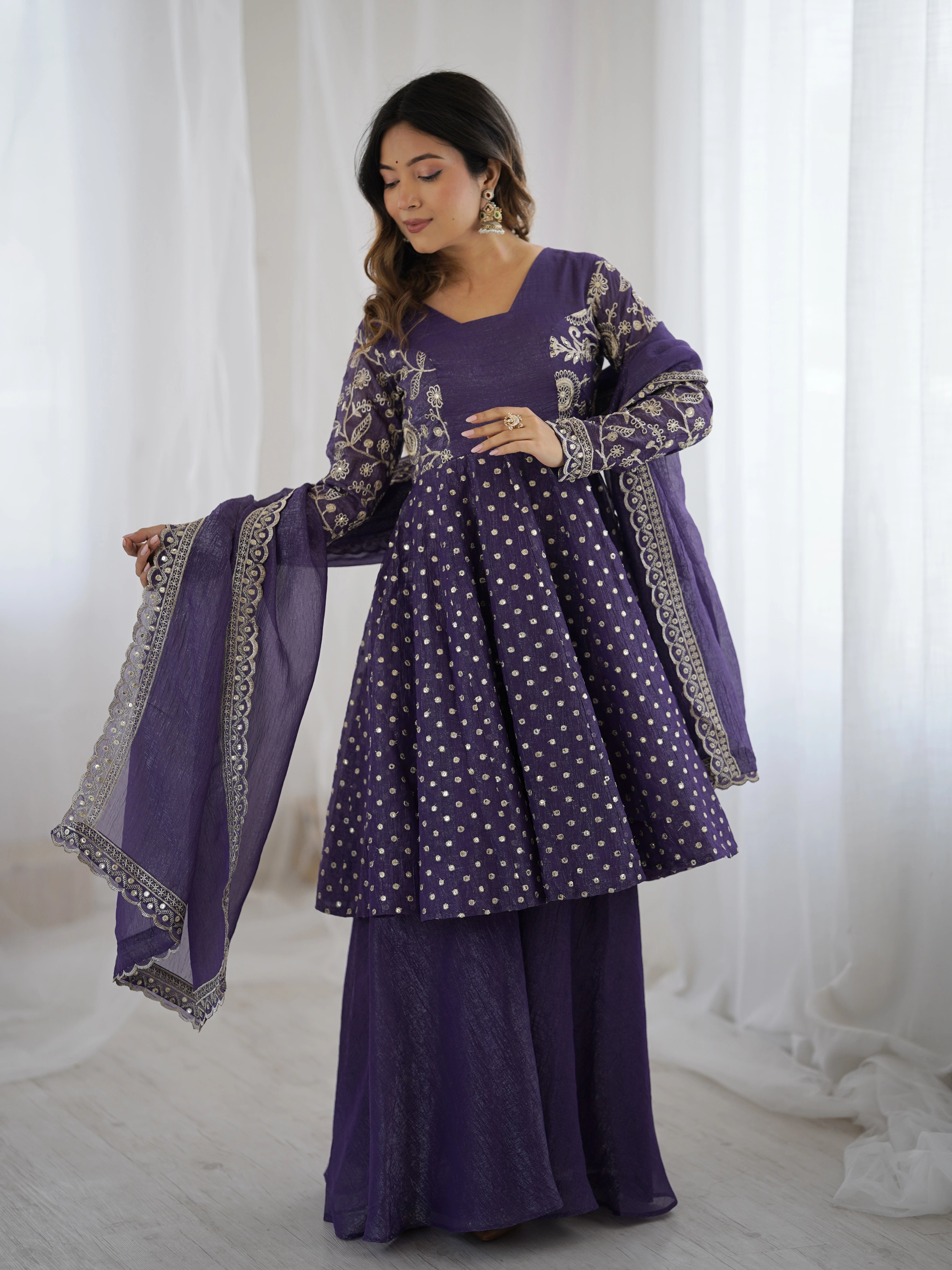 Lavender Embroidery Sequin Work Crunchy Silk Suit