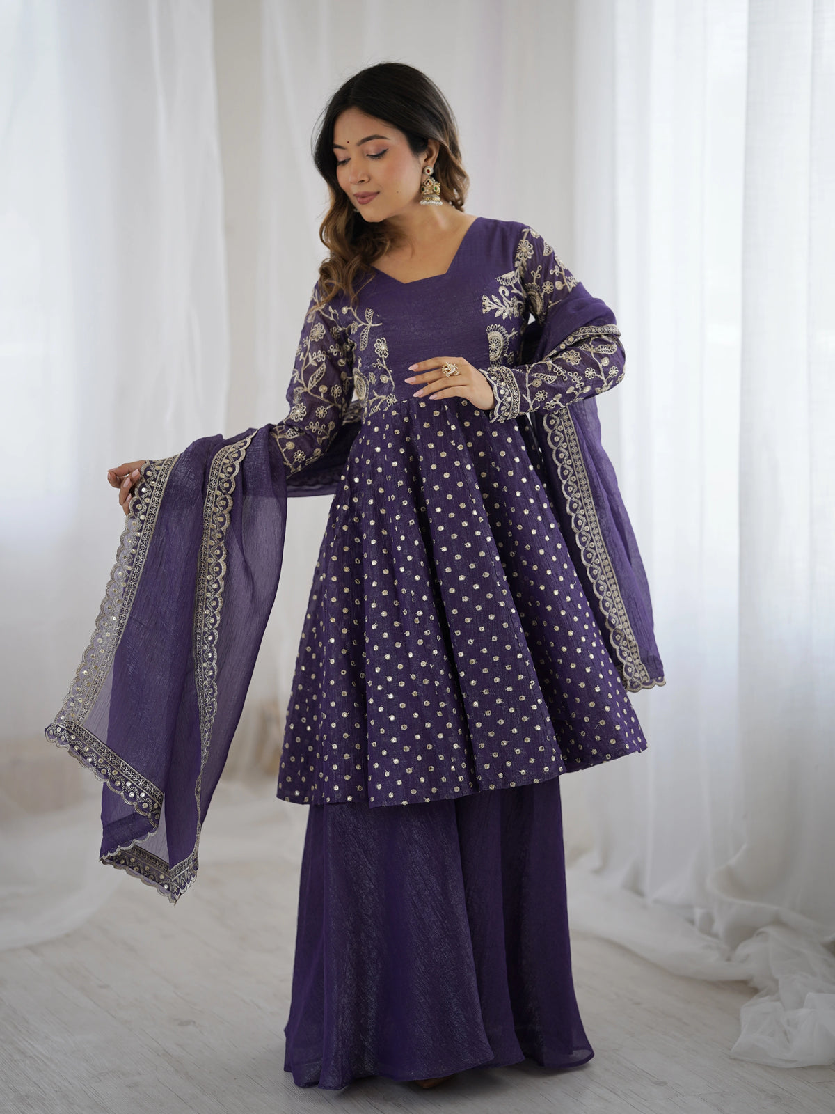Lavender Embroidery Sequin Work Crunchy Silk Suit – Kalyanja
