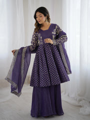 Lavender Embroidery Sequin Work Crunchy Silk Suit