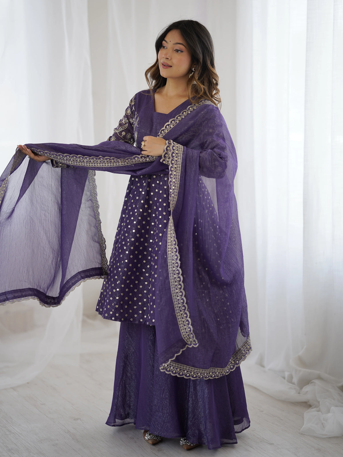 Lavender Embroidery Sequin Work Crunchy Silk Suit – Kalyanja
