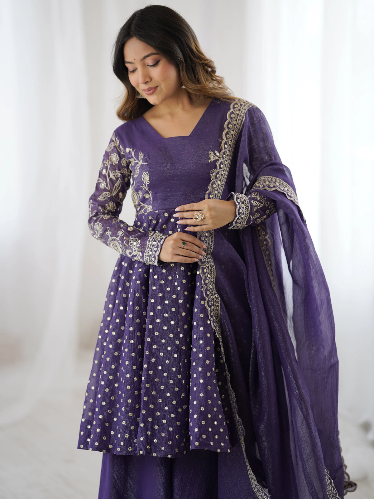 Lavender Embroidery Sequin Work Crunchy Silk Suit – Kalyanja
