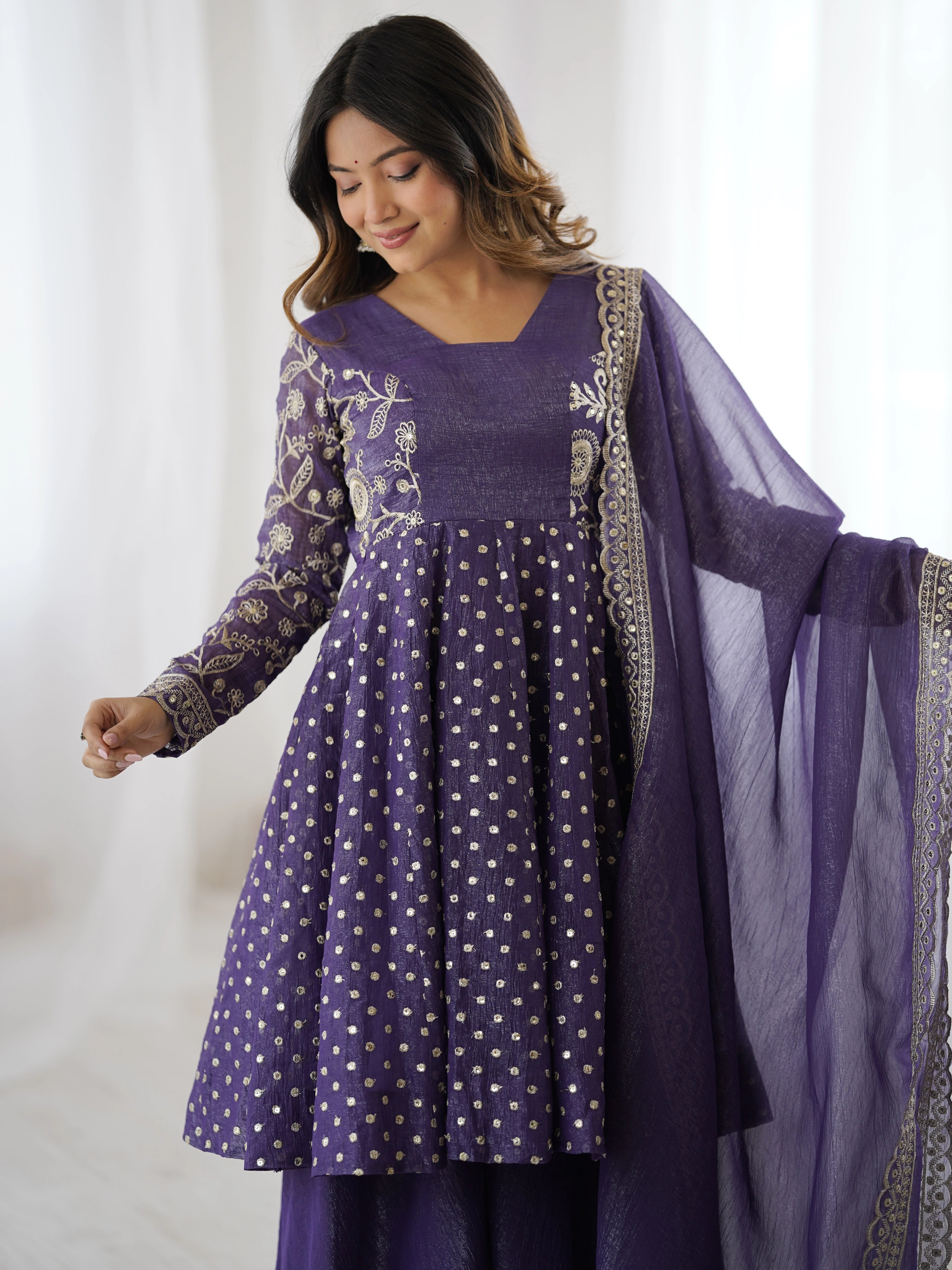 Lavender Embroidery Sequin Work Crunchy Silk Suit