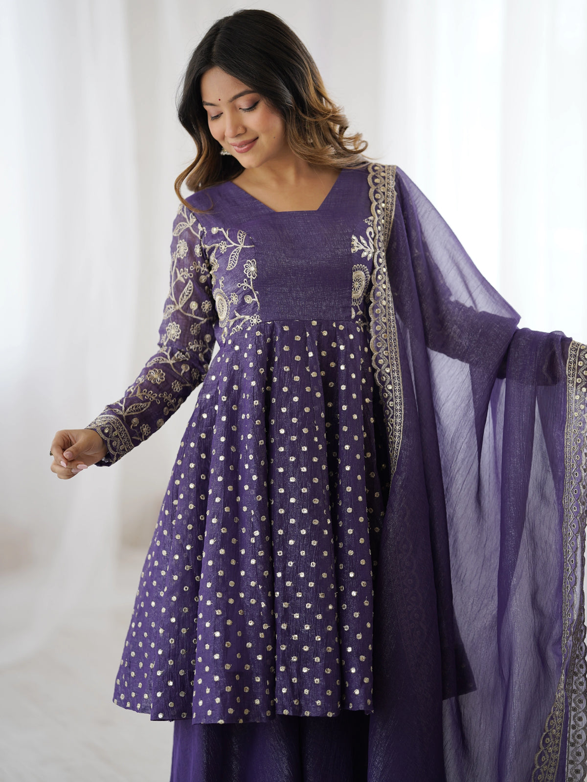 Lavender Embroidery Sequin Work Crunchy Silk Suit – Kalyanja
