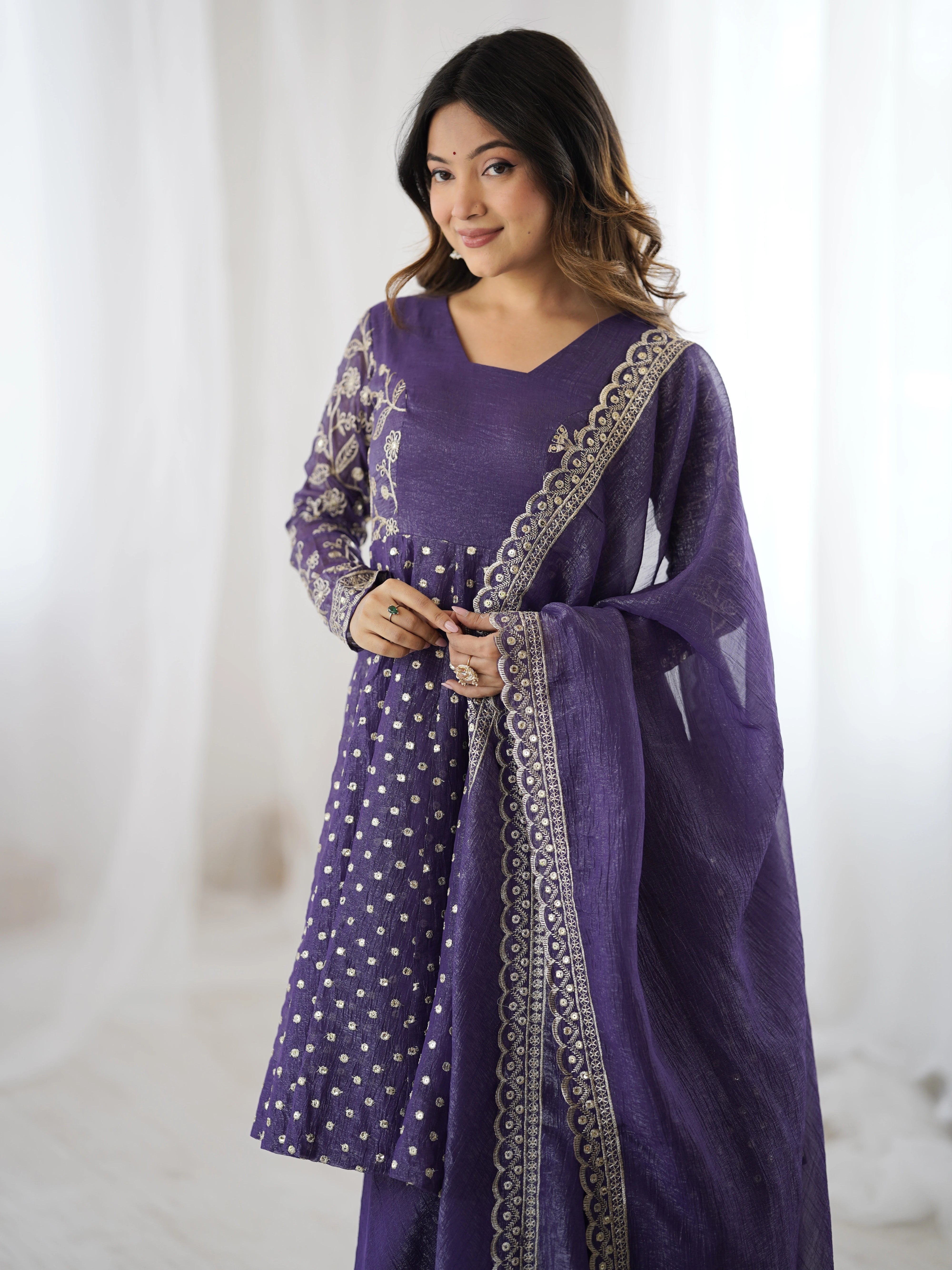 Lavender Embroidery Sequin Work Crunchy Silk Suit