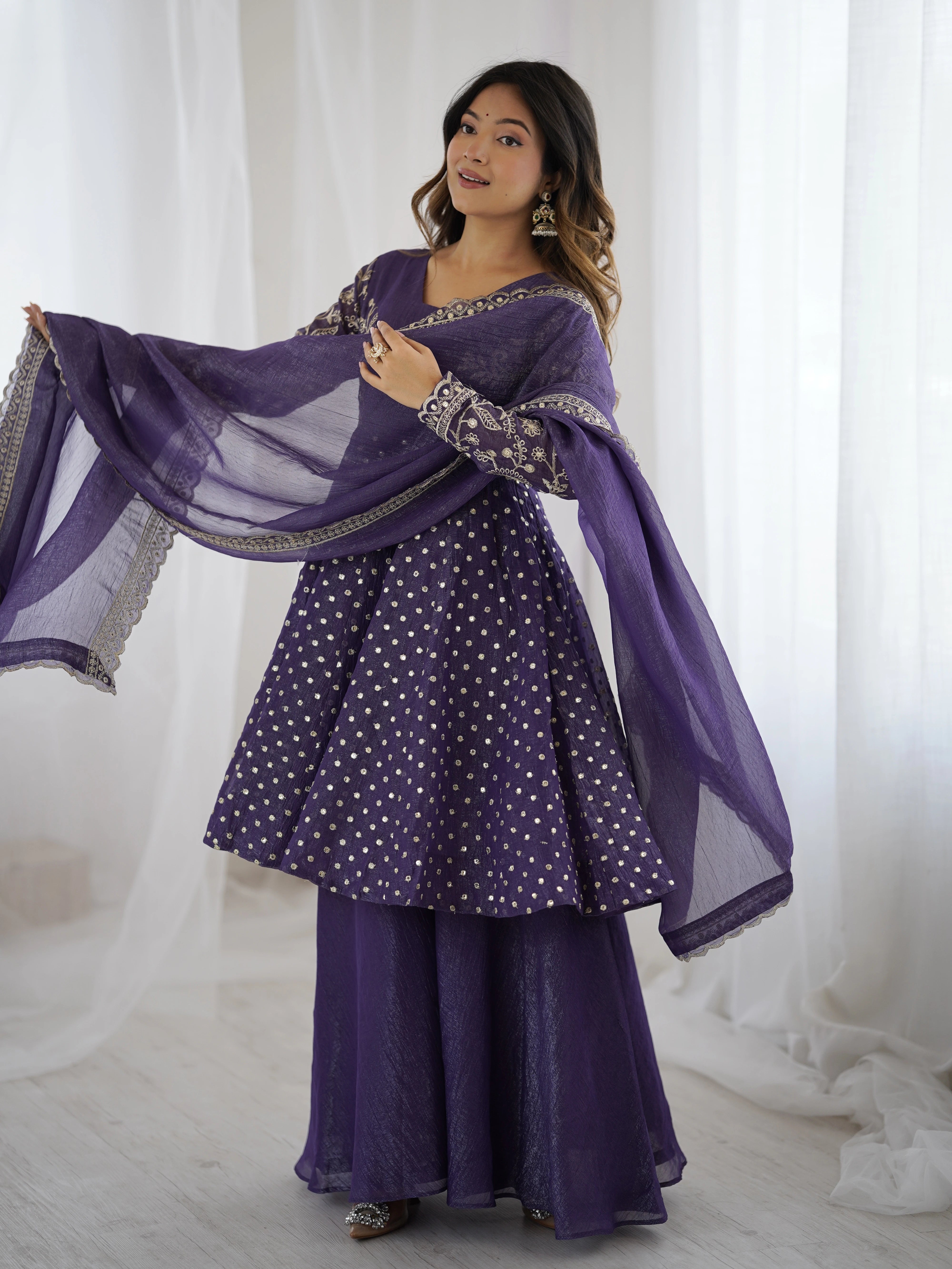 Lavender Embroidery Sequin Work Crunchy Silk Suit