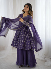 Lavender Embroidery Sequin Work Crunchy Silk Suit