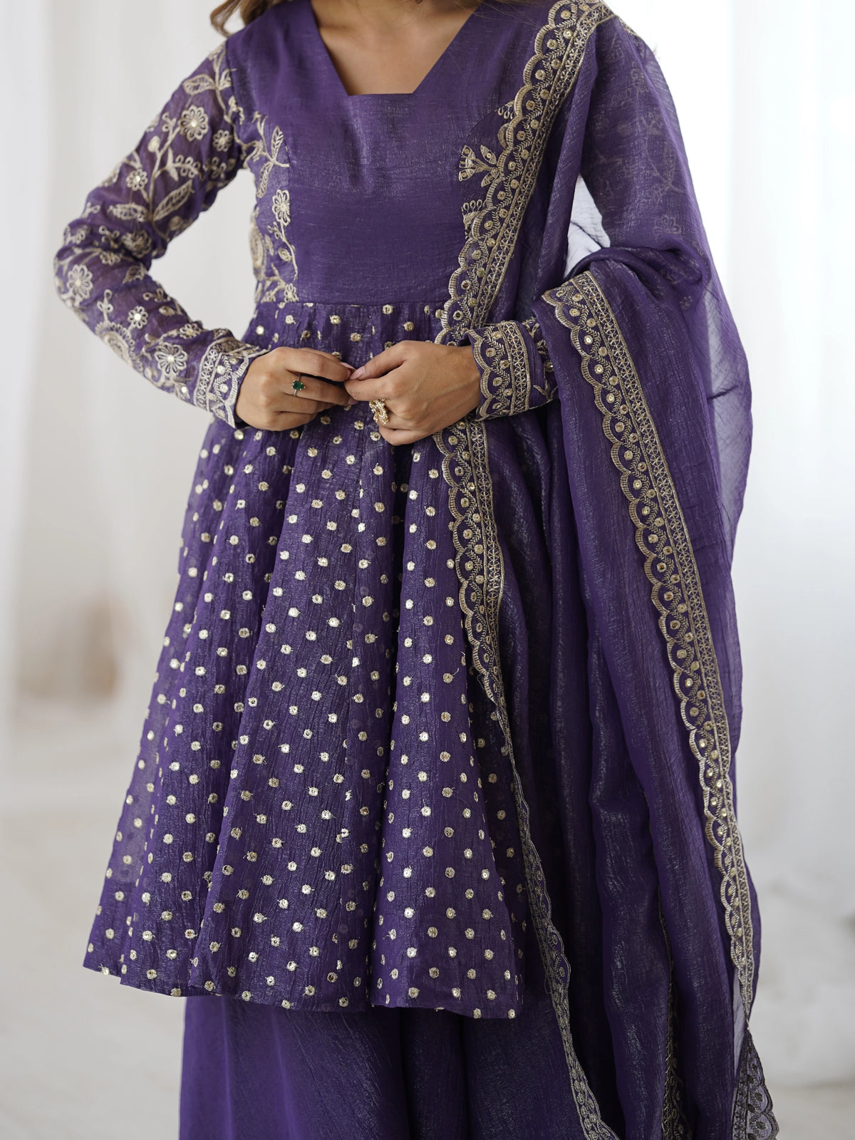 Lavender Embroidery Sequin Work Crunchy Silk Suit – Kalyanja
