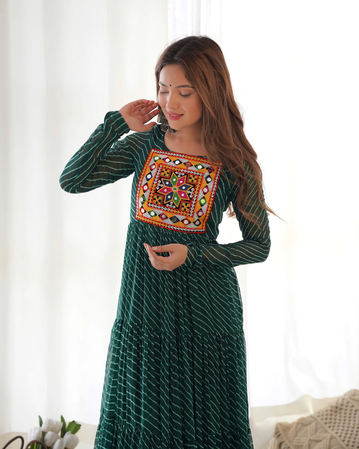 Dark Green Gamthi with Laheriya Print Fox Georgette Gown – Kalyanja
