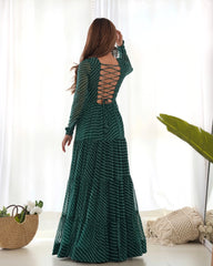 Dark Green Gamthi with Laheriya Print Fox Georgette Gown