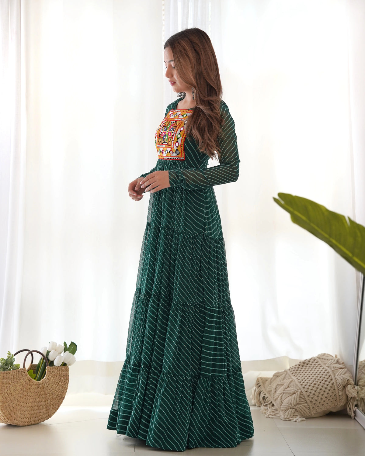 Dark Green Gamthi with Laheriya Print Fox Georgette Gown – Kalyanja
