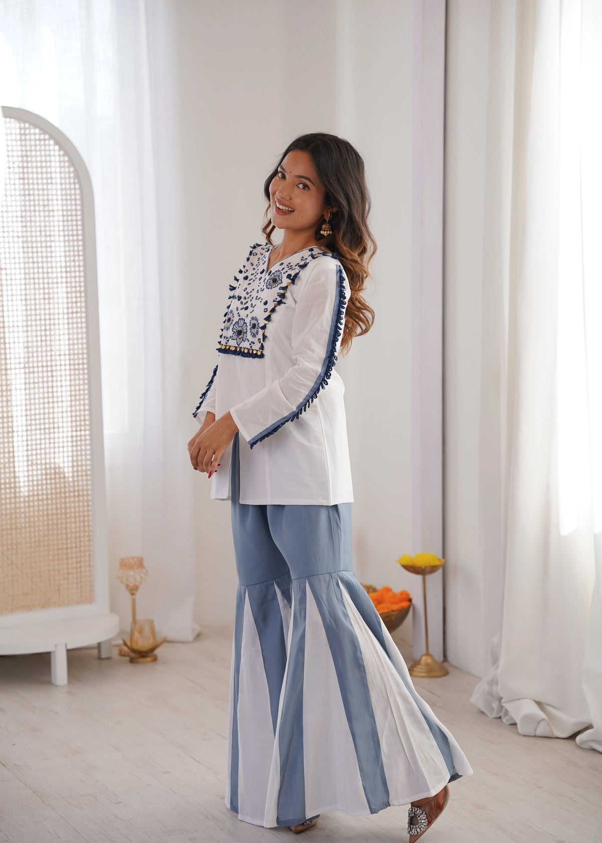 White Hand Work Embroidery With Mirror Work Roman Silk Suit