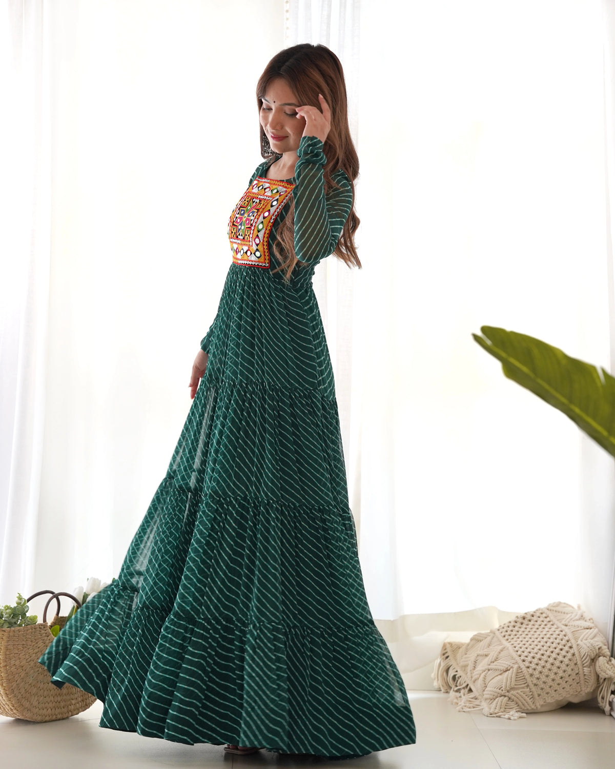 Dark Green Gamthi with Laheriya Print Fox Georgette Gown – Kalyanja
