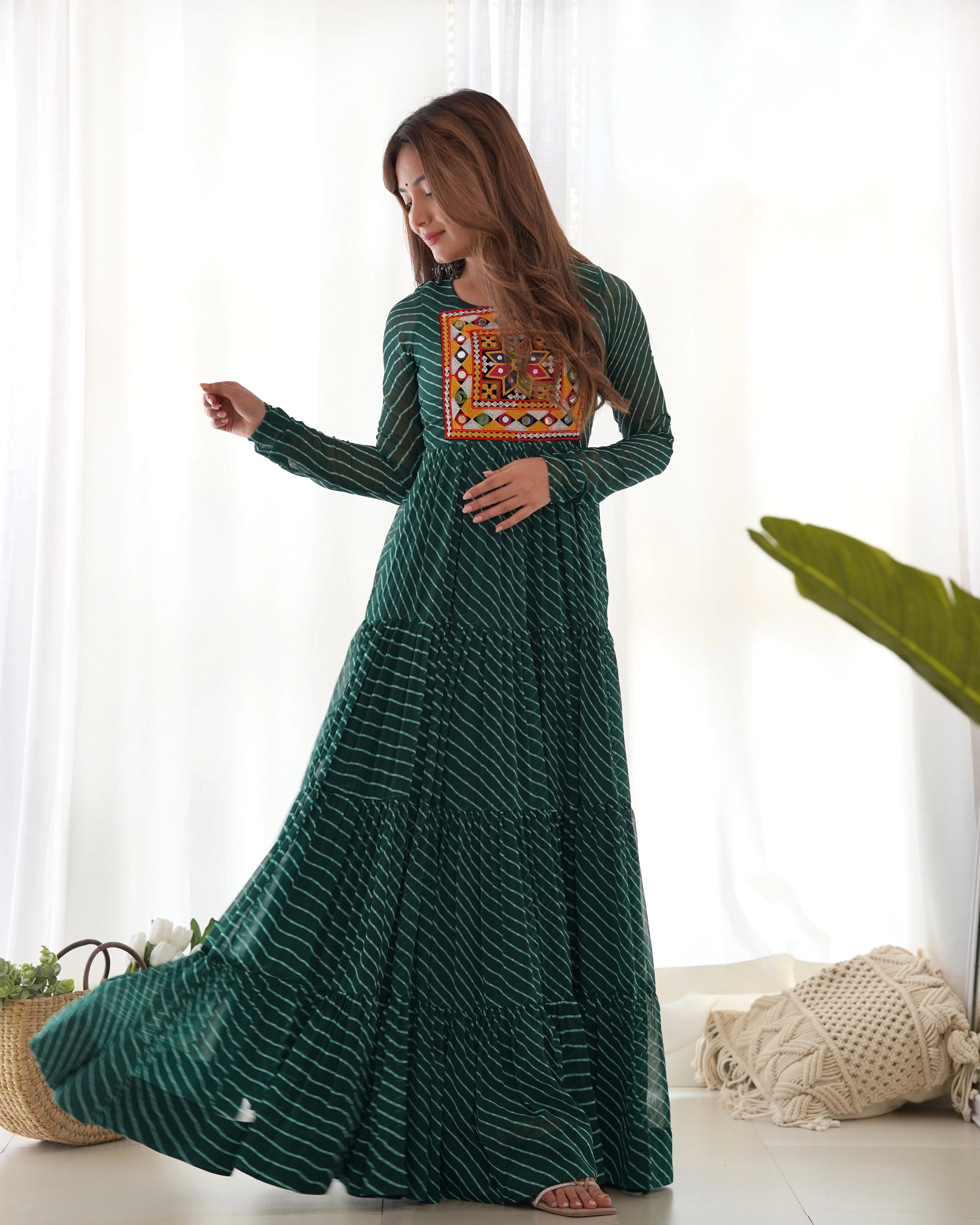 Dark Green Gamthi with Laheriya Print Fox Georgette Gown
