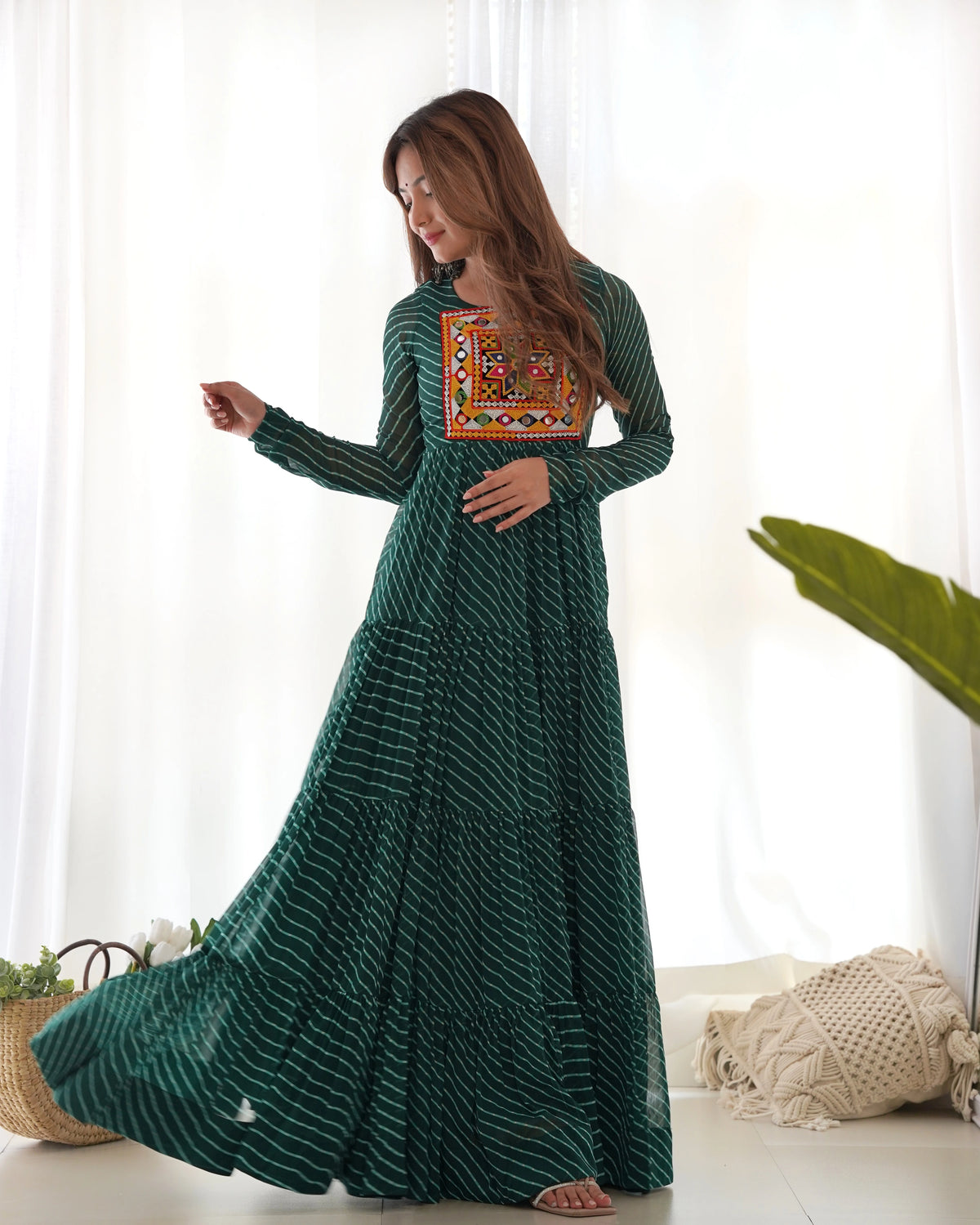 Dark Green Gamthi with Laheriya Print Fox Georgette Gown – Kalyanja