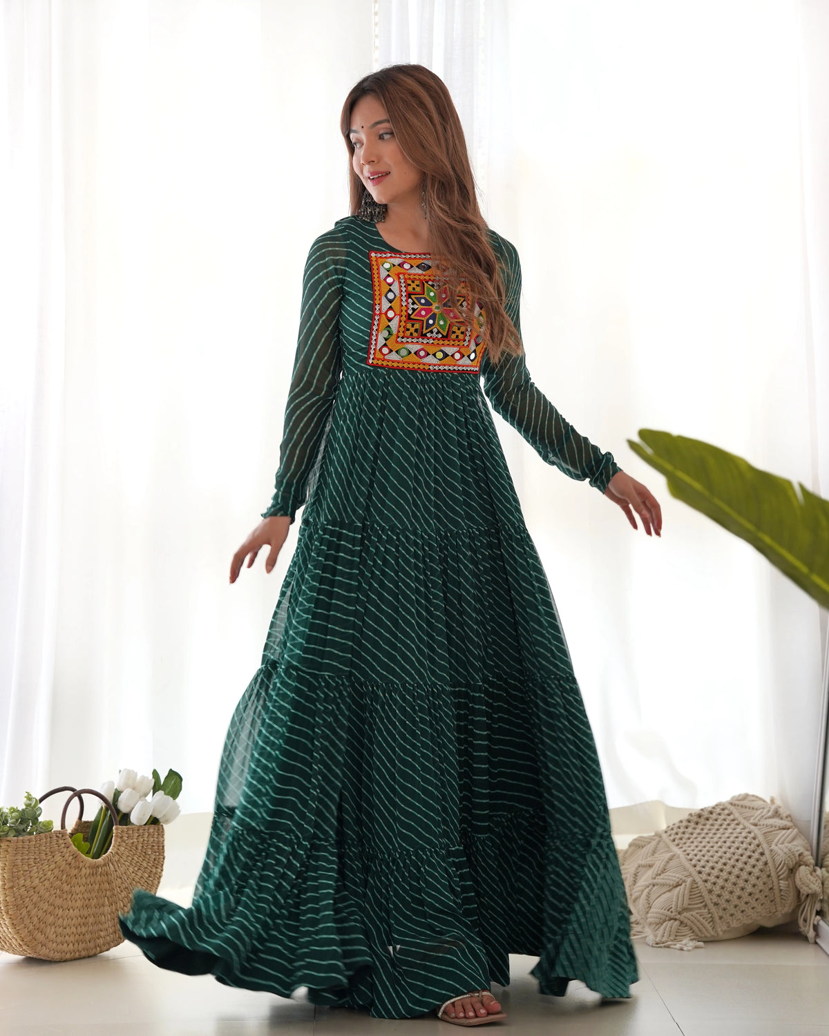 Dark Green Gamthi with Laheriya Print Fox Georgette Gown – Kalyanja
