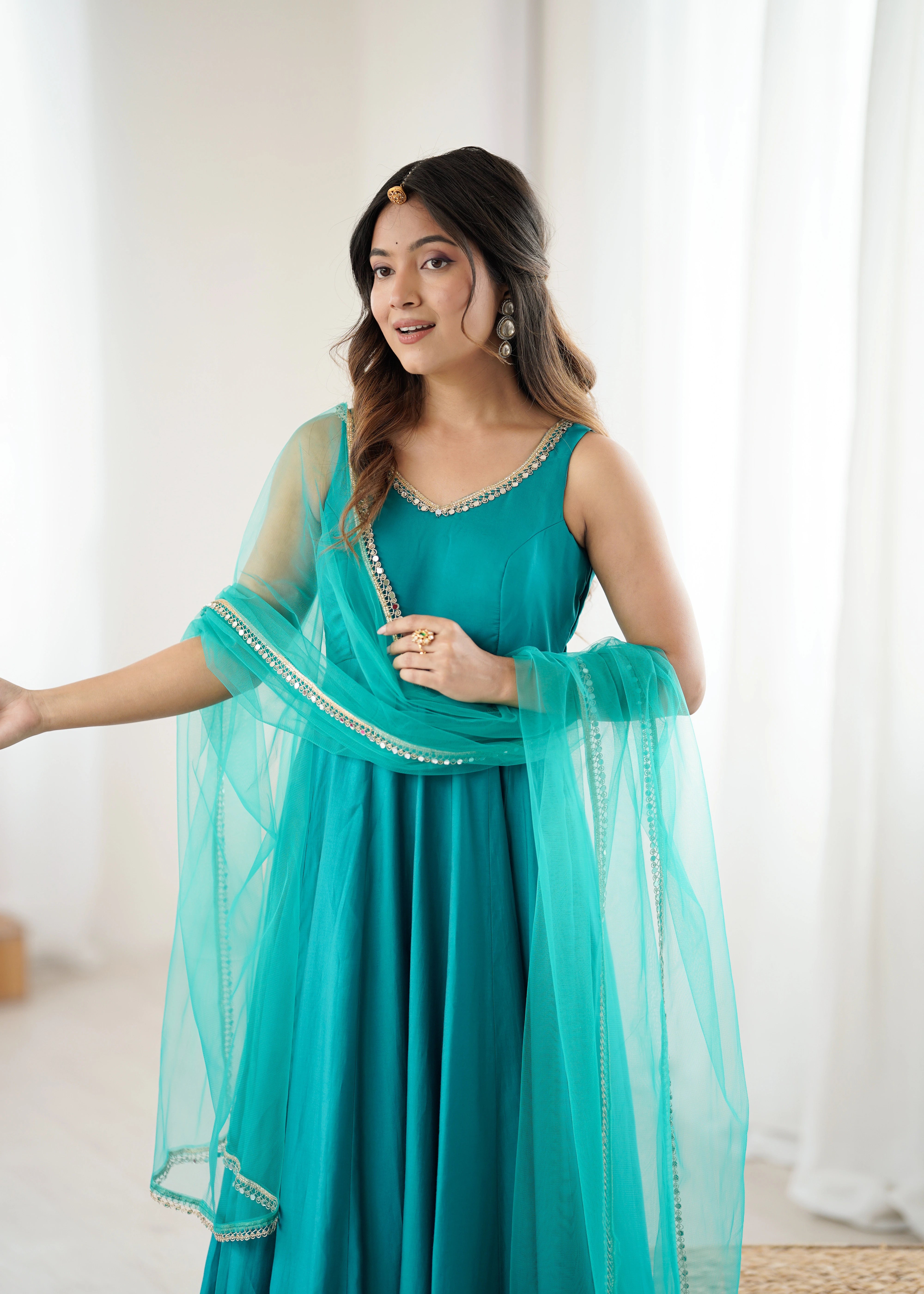 teal yoke fancy lace roman silk chanderi gown