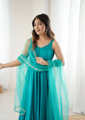 teal yoke fancy lace roman silk chanderi gown